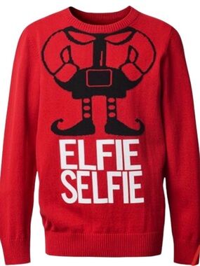 H&M Red Crewneck Sweater with Black & White Elf Graphic